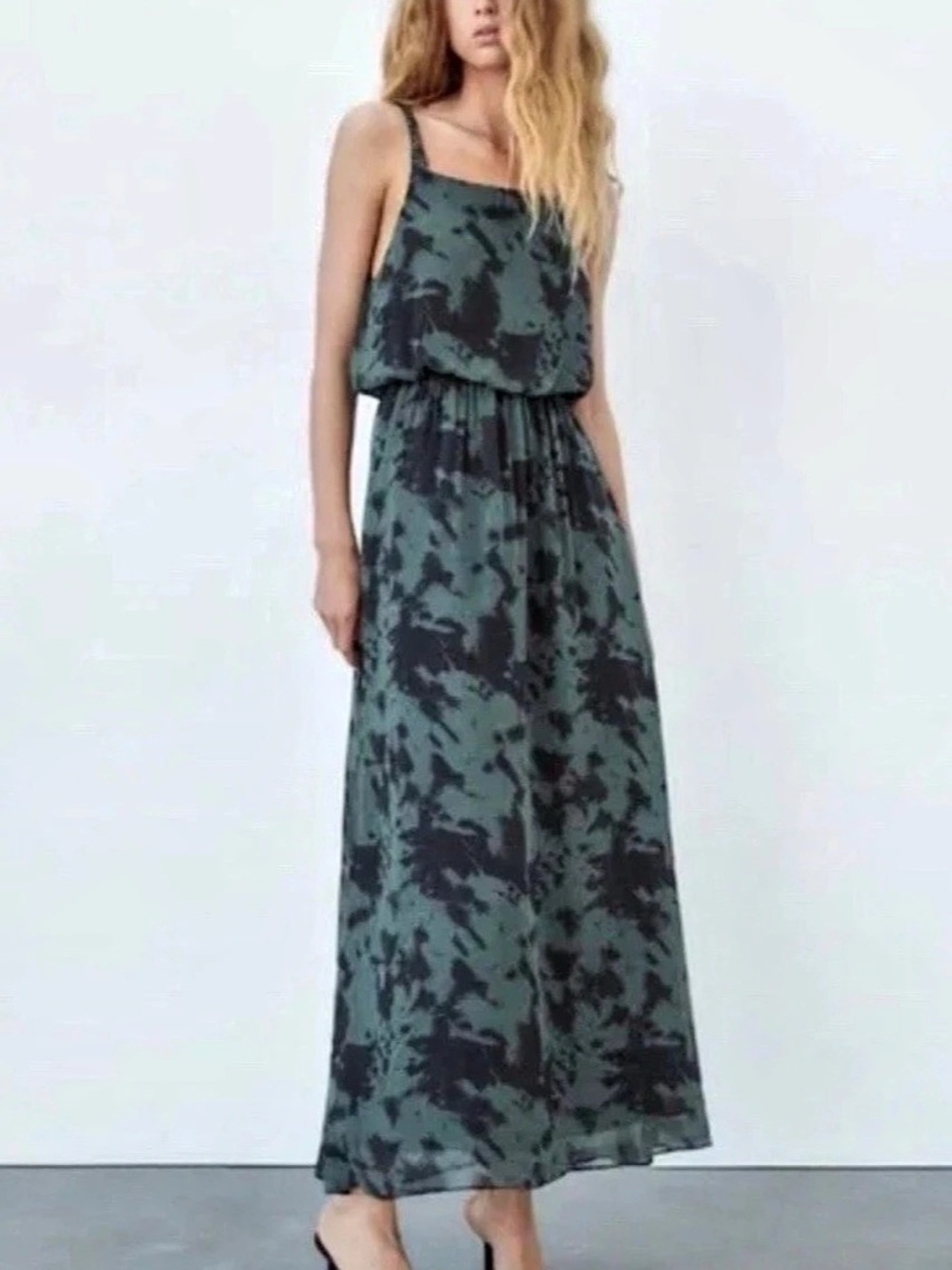 ZARA Green and Black Print Maxi Dress with beaded straps XS NWOT